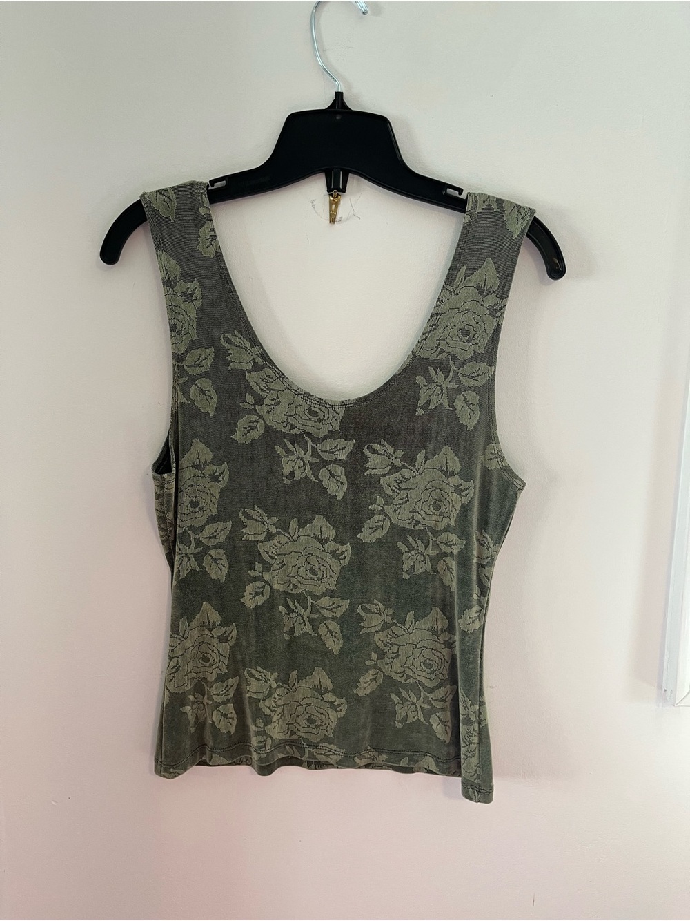 Y2K Hanky Panky Olive Green Floral Scoop Neck Tank Cami - Size Medium